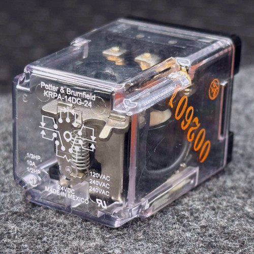 Potter and Brumfield KRPA-14DG-24 relay angled view showing molded part number and contact ratings