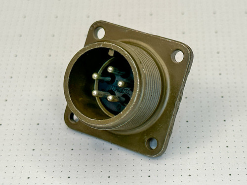 Angled front view of Amphenol MS3102A14S-5P receptacle showing threaded shell, keyway, and five male pins