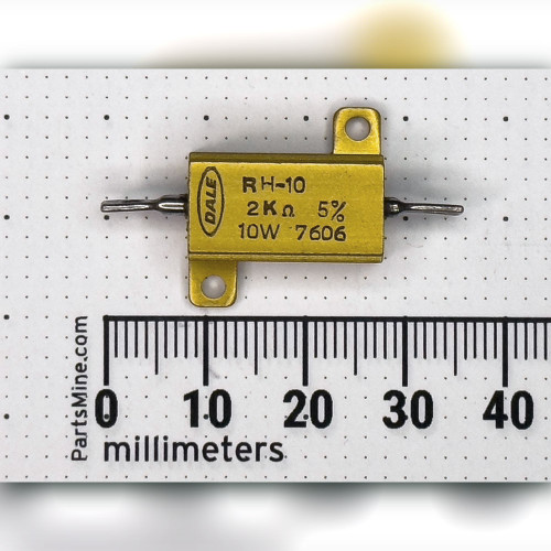 Top view of gold Dale RH-10 resistor marked 2K ohm 5% 10W 7606