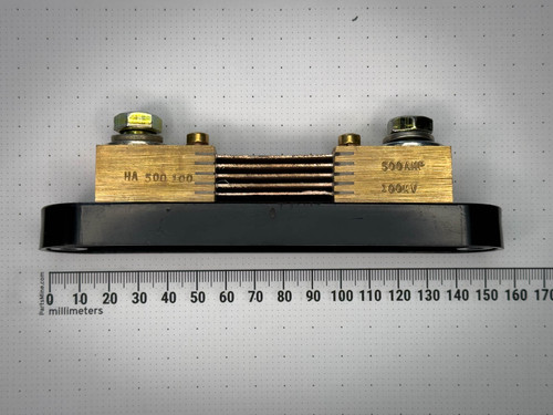 Empro HA-500-100 current shunt shown against PartsMine millimeter ruler, front view