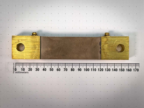 Empro 500A 100mV current shunt top view flat against PartsMine millimeter ruler, approximately 160 mm long