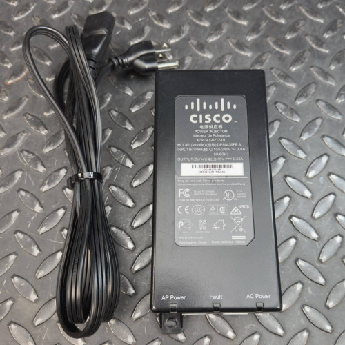 Cisco 341-0212-01 power injector lying beside a coiled black AC mains cord