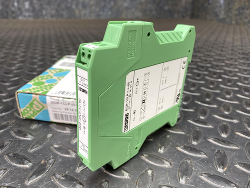 Green Phoenix Contact MCR-1CLP-I/I-00 isolator module standing upright beside its original printed carton