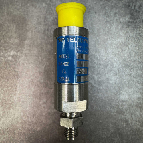 Teledyne Taber 2210 stainless pressure transducer with blue label and yellow protective cap