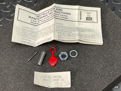 ASCO 166-298 Repair Kit for 8262 Series Solenoid Valves from PartsMine.com, shown with installation and maintenance instruction sheet, small metal pin, cylindrical part, red plastic pull tab, hex nut, and washer.