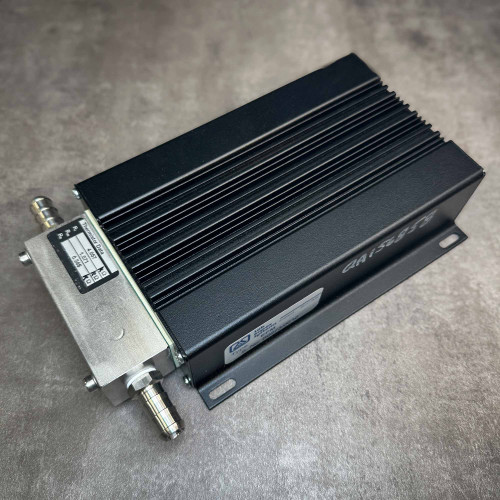Lab Impex EFM flow meter, angled view showing machined flow block and finned enclosure