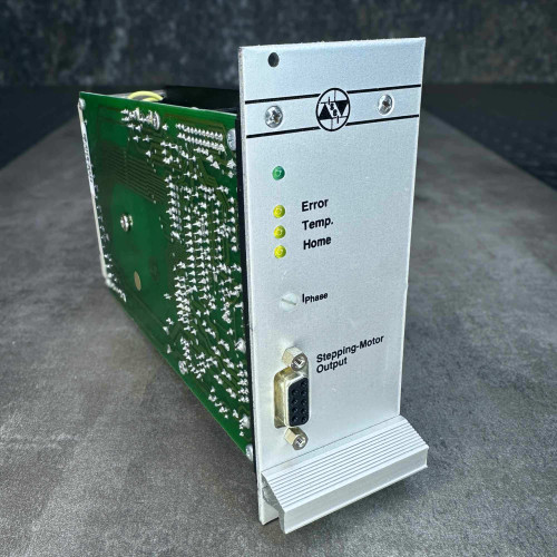 ISEL stepper driver module angled view showing front panel, green PCB and solder side