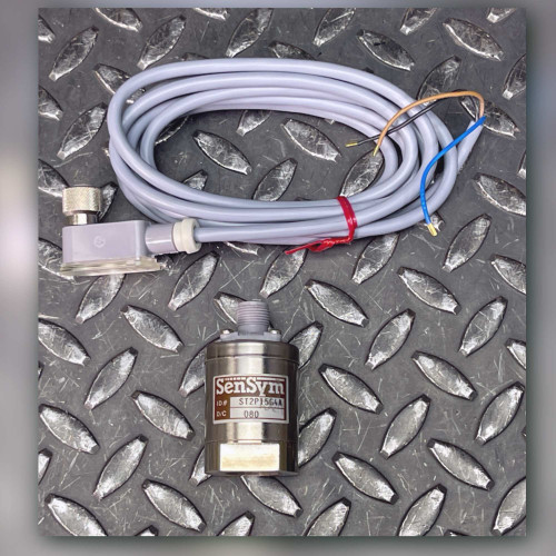 Sensor with SenSym label beside coiled gray cordset with ferruled leads