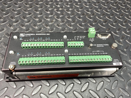 CR10X wiring panel top view with green screw terminals and legends