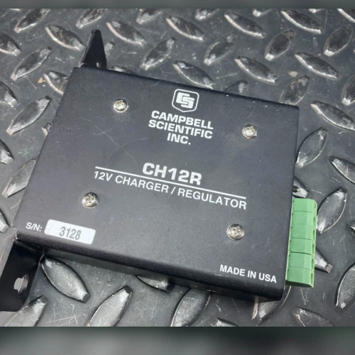 Campbell Scientific CH12R 12V charger regulator top face with serial 3128 label and green terminal block
