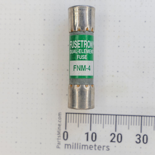 Midget time-delay fuse (FNM-4) with a gray body and silver endcaps, featuring a green label that reads "FUSETORN DUAL-ELEMENT FUSE FNM-4." The fuse is displayed against a white background with a millimeter ruler showing measurements up to 30 mm.
