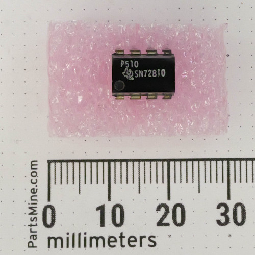 Black 14-pin Dual In-line Package (DIP) integrated circuit, labeled "Texas Instruments SN72810 P510," resting on a sheet of pink anti-static bubble wrap, with a millimeter ruler visible below for scale.