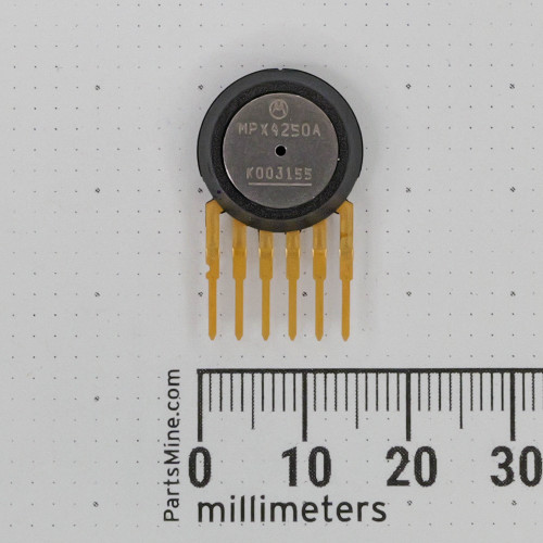 Motorola MPX4250A absolute pressure sensor element with six gold pins, shown against a millimeter scale.