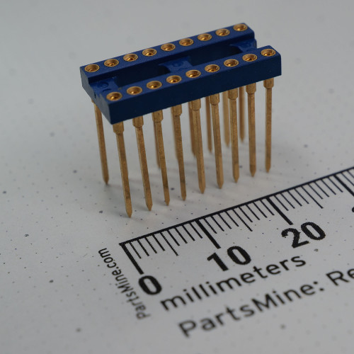 DIP wire-wrap socket with blue body and gold leads showing no visible wear or corrosion.