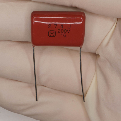 274 J 200V G" markings clear, "M" logo visible. Red epoxy body clean, leads straight and untarnished.