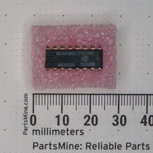 Texas Instruments MC14518AE/TP4518AN IC marked MALAYSIA 7814AEM. Pins are clean and straight, no visible corrosion or damage.
