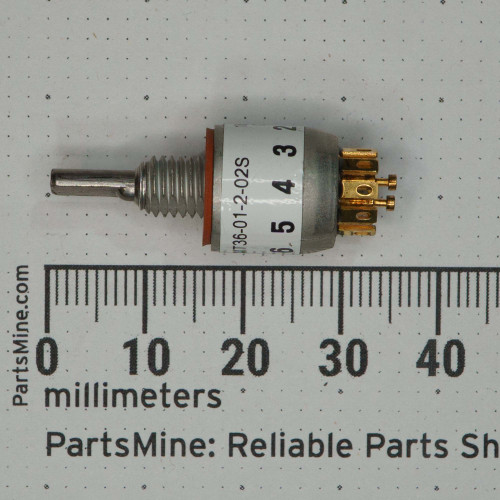 Rotary switch showing model JT36-01-2-02S on label. No visible wear or signs of use on shaft, threads, or solder lugs. Solder lugs are clean and untarnished. Red sealing ring intact.