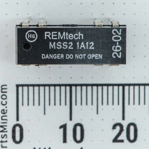 REMtech MSS2 1A12 mercury wetted reed relay, top face marking, Hg symbol, date code 26-02, millimeter ruler