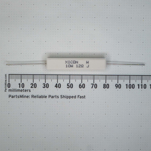 Marked XICON 10W 12Ω J, white cement body unmarked by heat or discoloration, straight axial leads, body approx 22mm long against ruler.