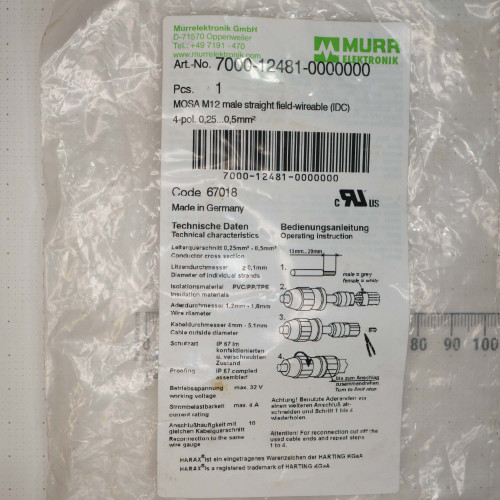 Factory-sealed bag, Art.-No. 7000-12481-0000000, Code 67018, Made in Germany. Rated max. 32V/4A, IP67, 4-pol. 0.25–0.5mm². UL listed. Bag creased.
