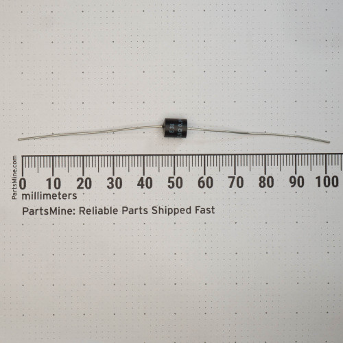 Black epoxy axial body approximately 7-8 mm long; partial markings visible including E3 and 0.1 on the body; leads span roughly 100 mm total.