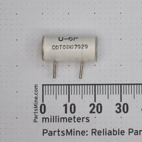 White epoxy-encapsulated radial body marked U-6P and COTO(N)7929, two straight wire leads, no visible damage. Approximately 15mm long.
