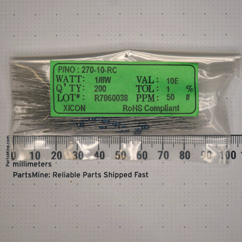 Axial-lead bodies with blue bands visible; green label reads lot R7060038, 1% TOL, 50 PPM, RoHS Compliant, qty 200.