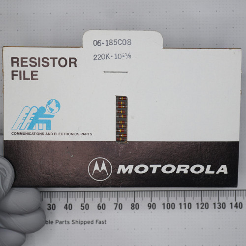 Motorola resistor file card stamped 06-185C08 on tab, marked 220K-10-1/8; approximately 10 axial-lead resistors visible on card.