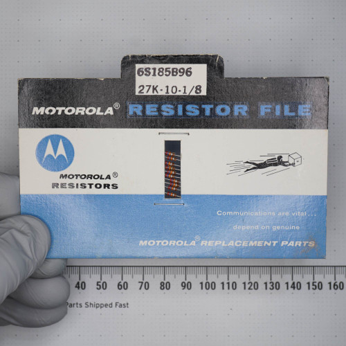 Motorola Resistor File card stamped 6S185B96 and 27K-10-1/8 on tab; moderate wear and creasing on upper edges.