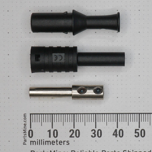 Three-piece disassembled unit: black PP insulator sleeves and nickel-plated brass contact with two visible allen-head set screws. CE mark molded on grip body.