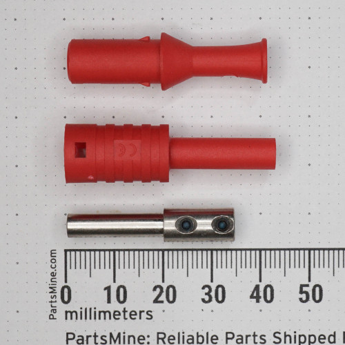 Three red plastic housing components and one silver metal contact pin with two Allen screws visible; ruler shows pin approximately 35mm long.