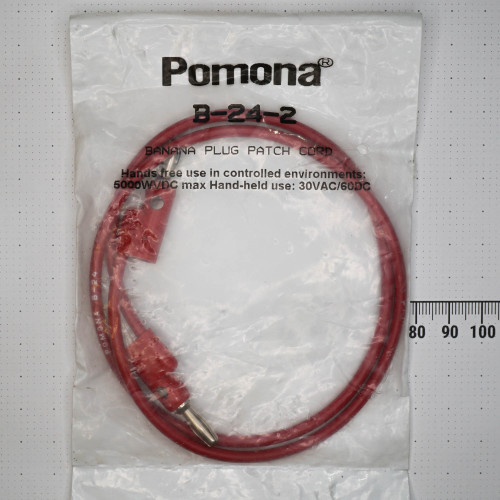 Red cord coiled with two banana plugs visible; metal pin tip on lower plug, stacking socket on upper plug. No visible wear or damage.