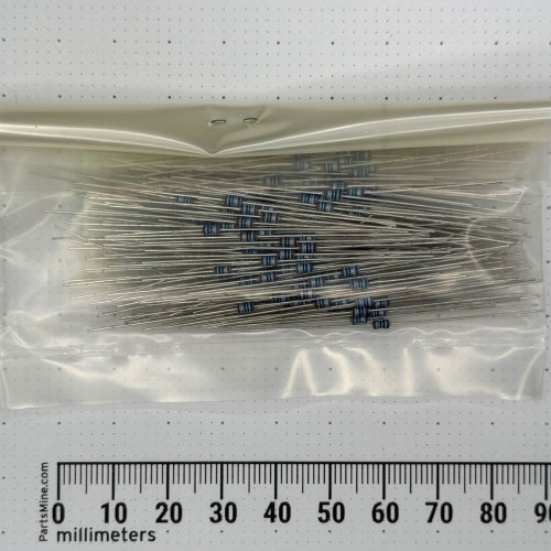 Axial-lead resistors with blue bodies and multi-color bands, long tinned leads approximately 65mm total length per ruler.