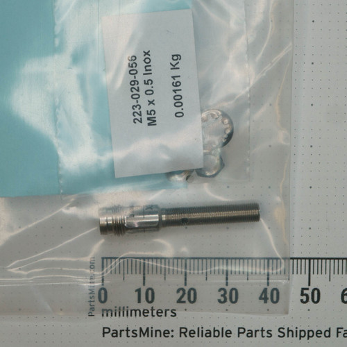 Factory-sealed bag, part label reads 223-029-055, M5 x 0.5 Inox, 0.00161 Kg. Threaded body ~45mm by ruler.