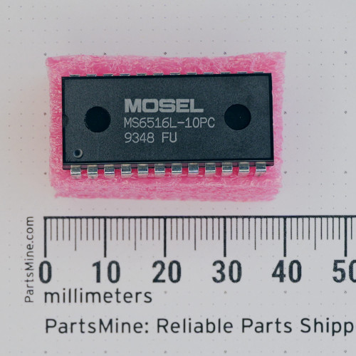 Top view of MOSEL MS6516L-10PC 24-pin DIP integrated circuit on pink foam.