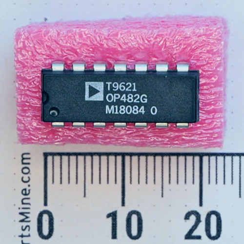 Analog Devices OP482G 14-pin DIP integrated circuit on pink foam with metric ruler.