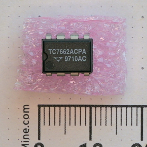 Top view of Telcom Semi TC7662ACPA DIP-8 IC on foam beside a ruler.