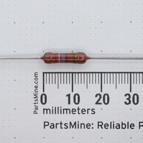 Axial-lead resistor next to a millimeter ruler showing dimensions.