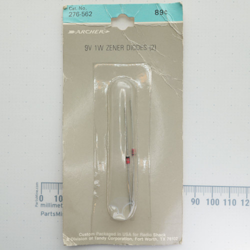 Front of vintage blister package for Archer 276-562 9V 1W zener diodes.