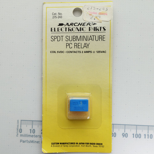 Front view of Archer 275-243 subminiature PC relay in original packaging.
