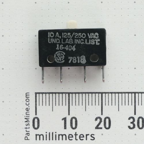 Licon 16-404 micro switch shown on a millimeter scale.
