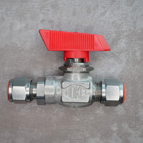 Side view of Hoke 7115G6S ball valve with red handle.
