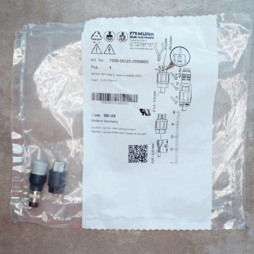 Murr Elektronik 7000-08325-0000000 M8 field-wireable male connector in original sealed packaging.