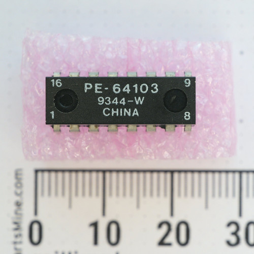 Top view of Pulse Engineering PE-64103 LAN transformer in a 16-pin DIP package with scale.