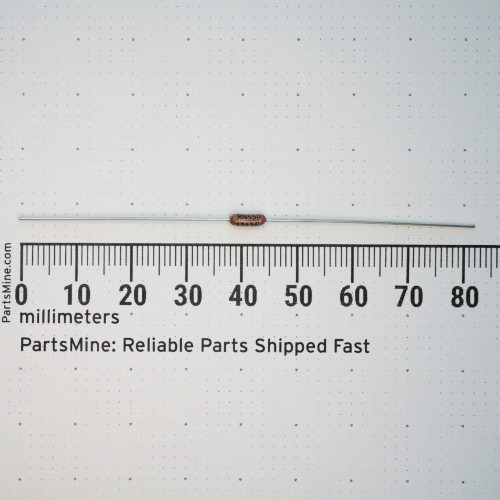 Vishay Dale RN55D1212F axial resistor shown against a millimeter ruler.
