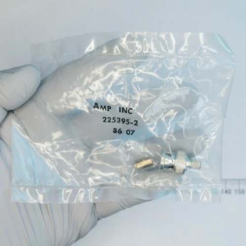 AMP 225395-2 BNC connector components in labeled plastic bag.
