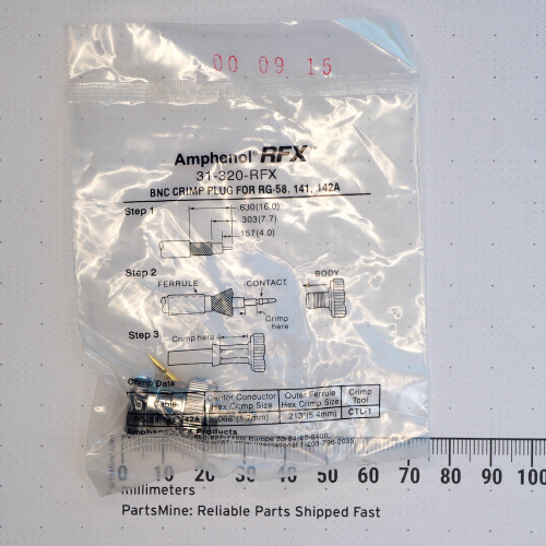 Sealed packaging for Amphenol RFX 31-320-RFX BNC crimp plug with instructions and parts visible.