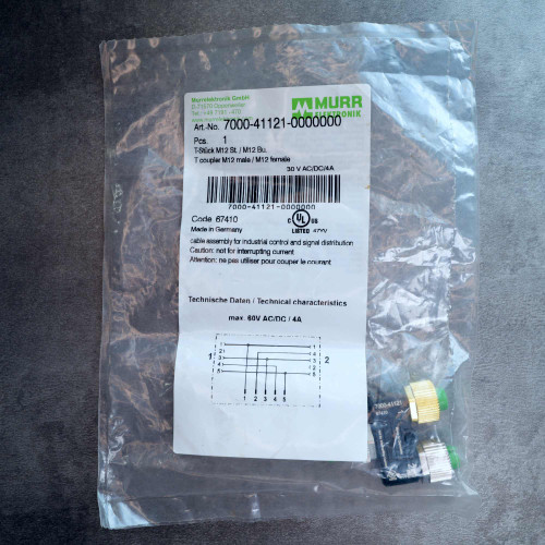 Murrelektronik 7000-41121-0000000 M12 T-coupler in sealed original bag with factory label.