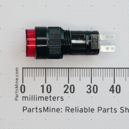 Idec AP2M122RPN10 pilot light side view with millimeter scale.
