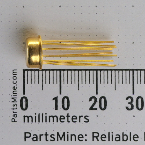 Side profile with millimeter scale of Motorola MC351G gold can package with long straight leads.